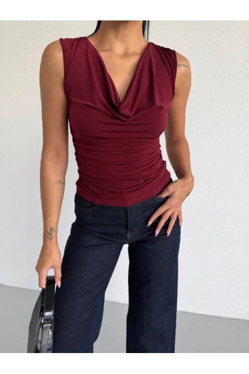 Kadın Degaje Yaka Kolsuz Bluz Bordo