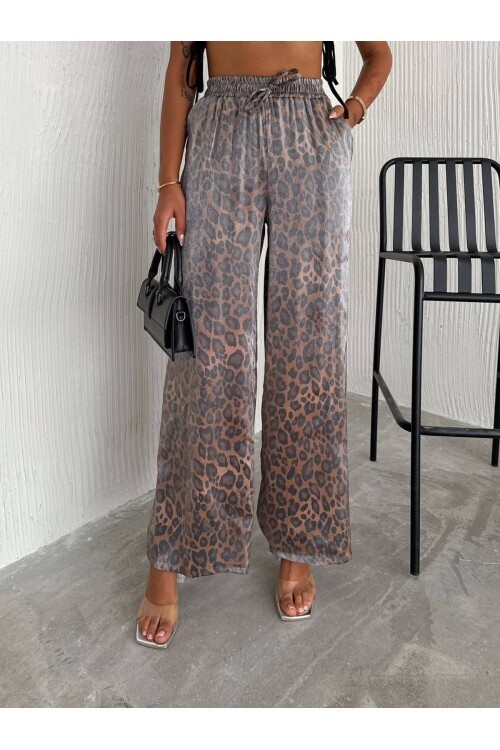 Kadın Leopar Desenli Beli Lastikli Bol Paça Pantalon