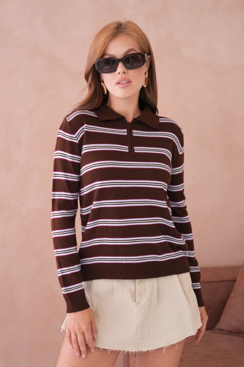 Kadın Polo Yaka Çizgi Detay Oversize Triko Kazak