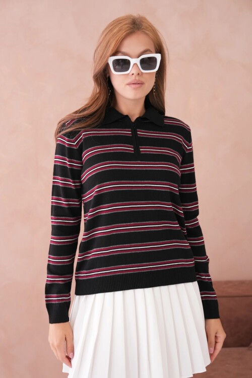 Kadın Polo Yaka Çizgi Detay Oversize Triko Kazak