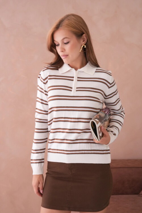 Kadın Polo Yaka Çizgi Detay Oversize Triko Kazak