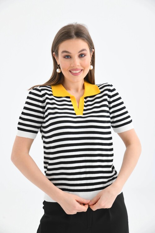Kadın Polo Yaka Çizgili Triko Kazak