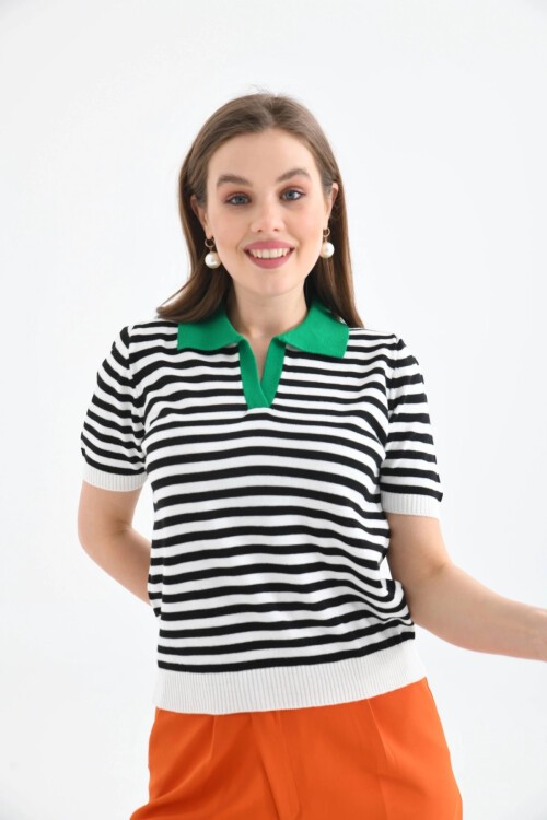 Kadın Polo Yaka Çizgili Triko Kazak