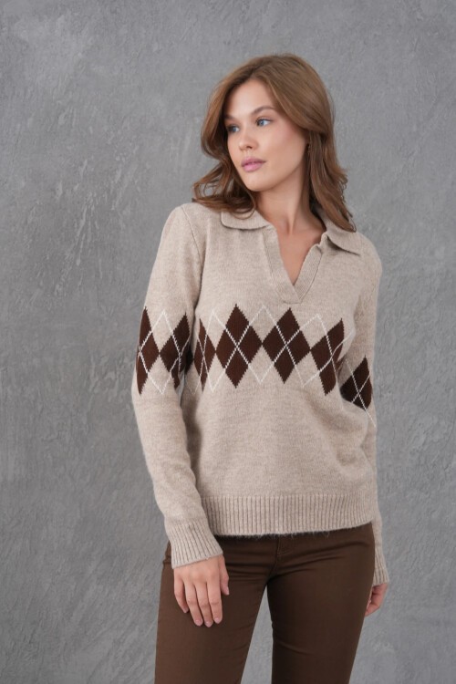 Kadın Polo Yaka Desenli Yarım Pat Triko Kazak