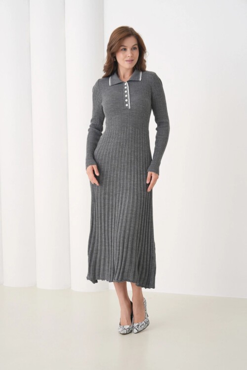 Kadın Polo Yaka Düğme Detay Kaşkorse Uzun Triko Elbise