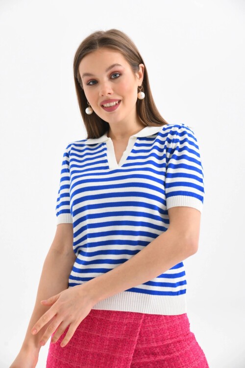 Kadın Polo Yaka Kısa Kol Çizgili Triko Kazak