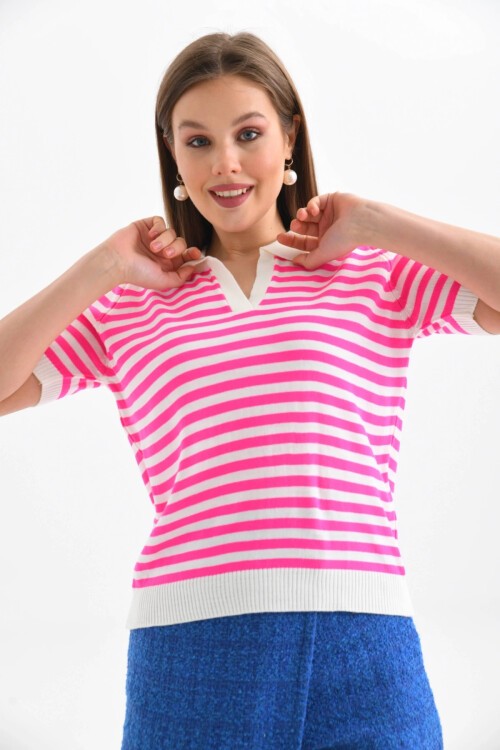 Kadın Polo Yaka Kısa Kol Çizgili Triko Kazak