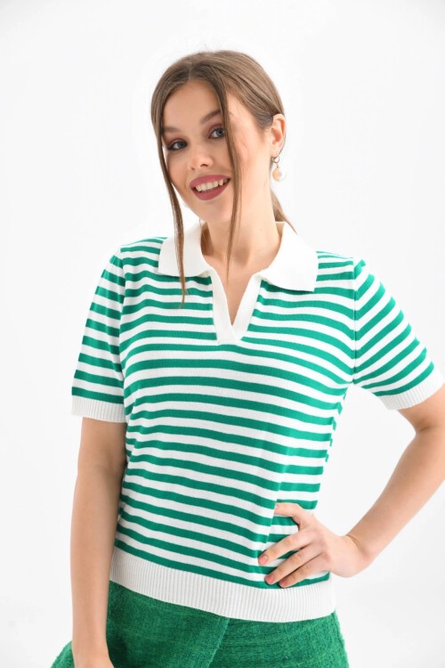Kadın Polo Yaka Kısa Kol Çizgili Triko Kazak