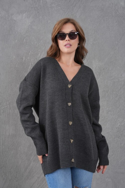 Kadın V Yaka Düğme Kapama Oversize Uzun Triko Hırka