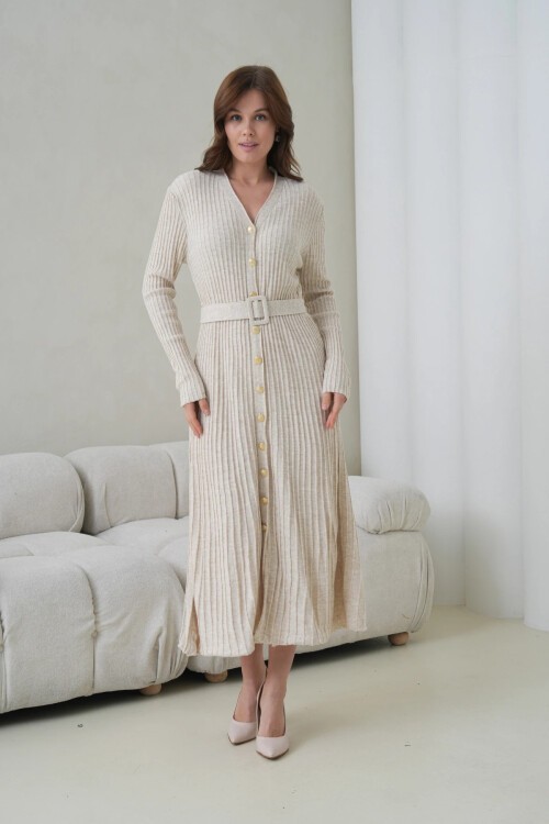 Kadın V Yaka Ful Düğme Kapama Kemer Detay Maksi Boy Fitilli Triko Elbise