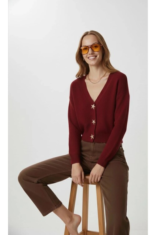 Kadın Yıldız Düğme Detaylı Triko Hırka