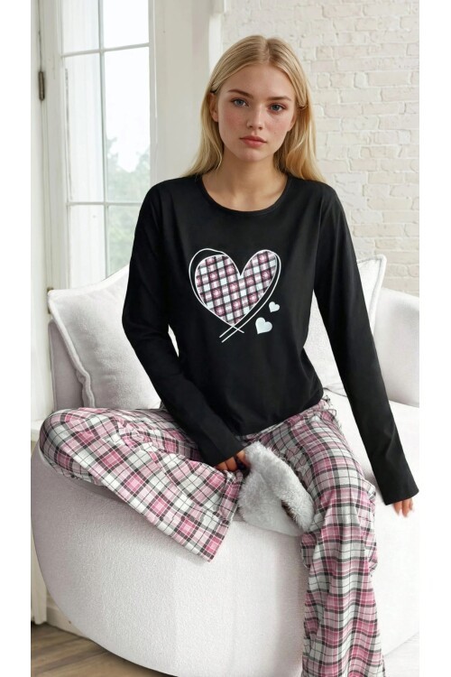 Kalp Baskılı Süprem Kumaş Kadın Pijama Takımı