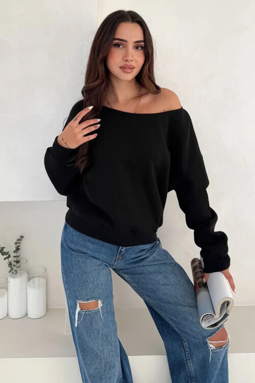 Kayık Yaka Polar Sweatshirt Siyah