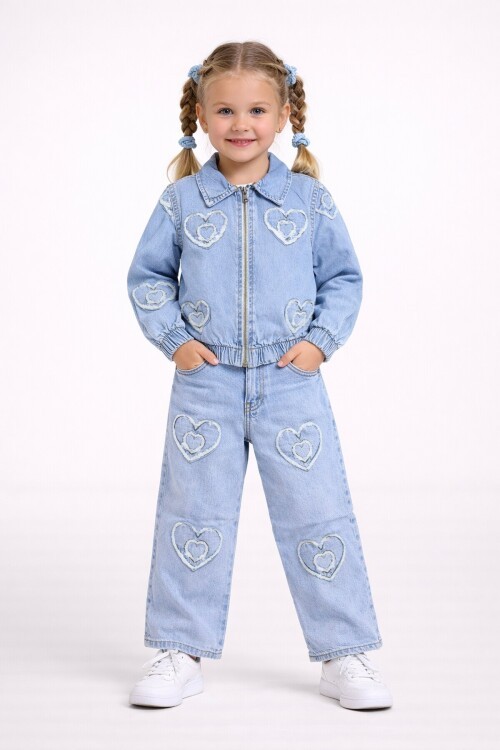 Kız Çocuk Kalp Desenli Jean Takım