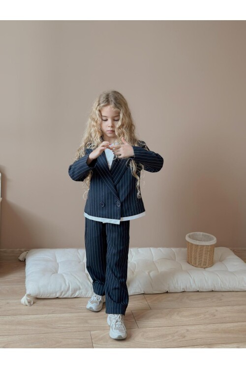 Kız Çocuk Çizgili Pantolon Ceket Siyah Alt Üst Takım