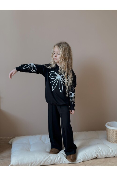 Kız Çocuk Fiyonk Detaylı Siyah Alt Üst Takım