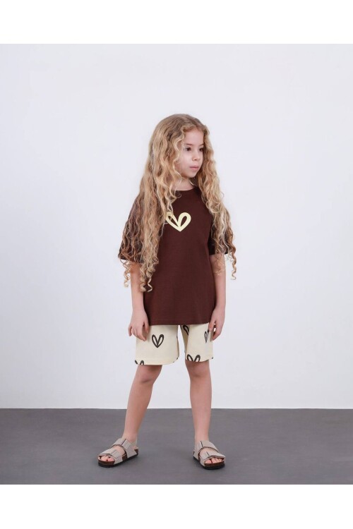 Kız Çocuk Kalp Baskılı Şort T-Shirt Alt Üst Takım Kahve