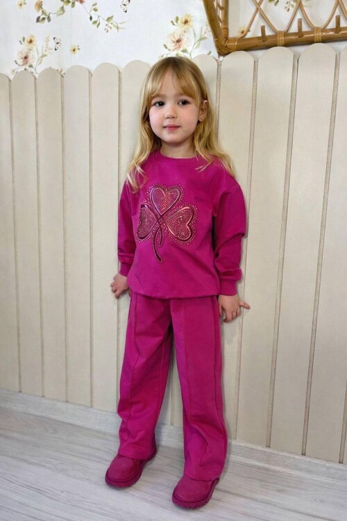 Kız Çocuk Kalpli Yonca Desenli Takım Fuşya