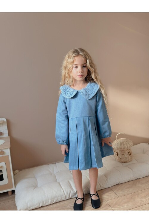 Kız Çocuk Kot Kumaş Yaka Detay Elbise