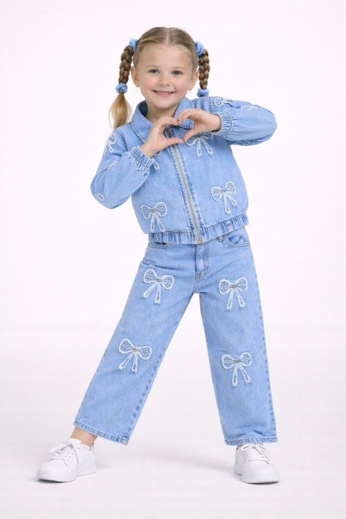 Kız Çocuk Kurdele Desenli Jean Takım