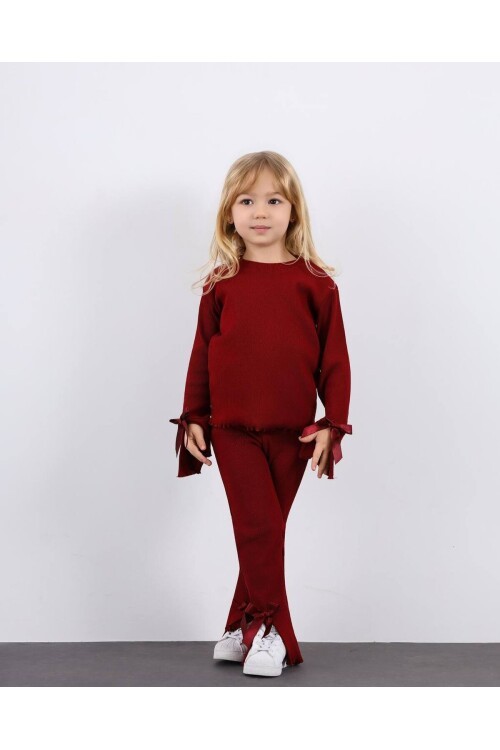 Kız Çocuk Paça Fiyonk Detaylı Kaşkorse Alt Üst Takım Bordo