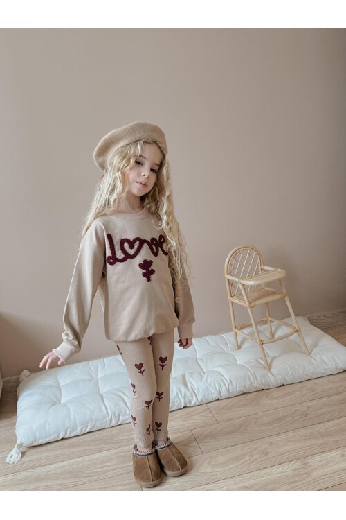 Kız Çocuk Pamuklu Sweatshirt Tayt İkili Takım Bej