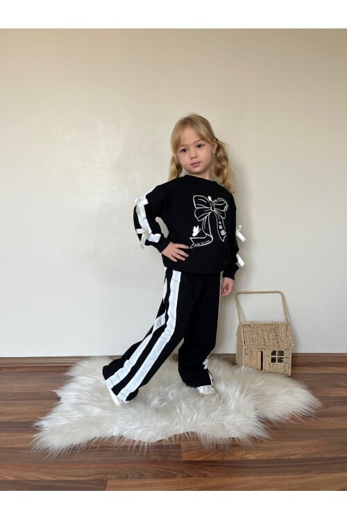 Kız Çocuk Şerit Detaylı Kurdela Baskı Eşofman Takım
