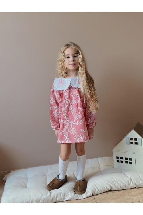Kız Çocuk Yaka Nakışlı Astarlı Keten Elbise