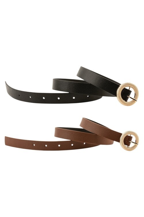 Mozaik Yuvarlak Tokalı İkili Set Siyah_Taba Kadın Kemeri