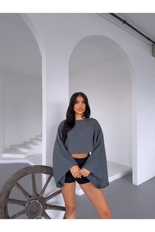 Müslin Keten Bluz Antrasit