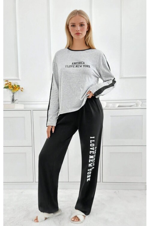 New York Baskılı Şerit Detaylı Uzun Kollu Kadın Pijama Takımı