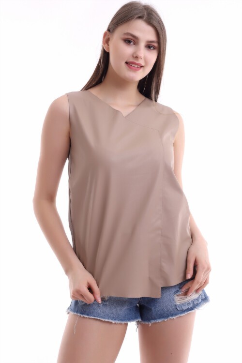 Önü Deri Arkası Triko Kolsuz Bluz VIZON