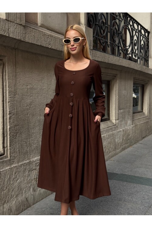 Ottoman Kumaş Düğme Detay Elbise Kahve