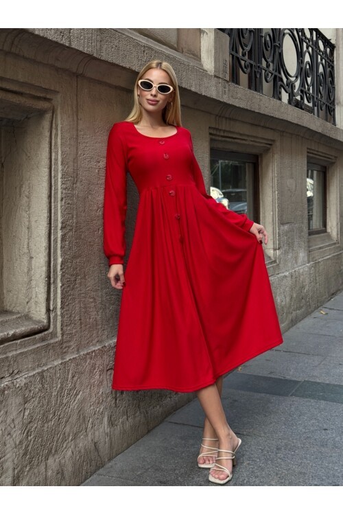 Ottoman Kumaş Düğme Detay Elbise Kırmızı