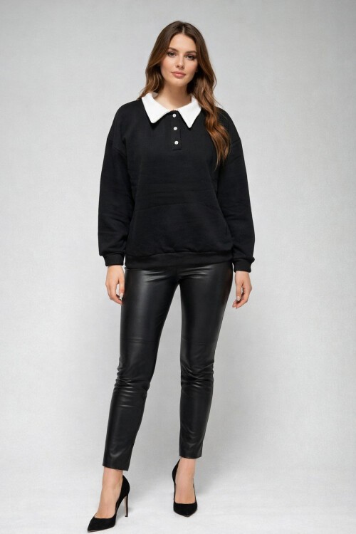 Polo Yaka Siyah Sweatshirt