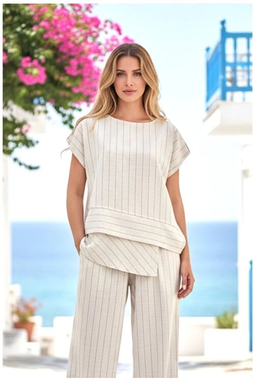 Siyah Çizgili Keten Alt Üst Takım