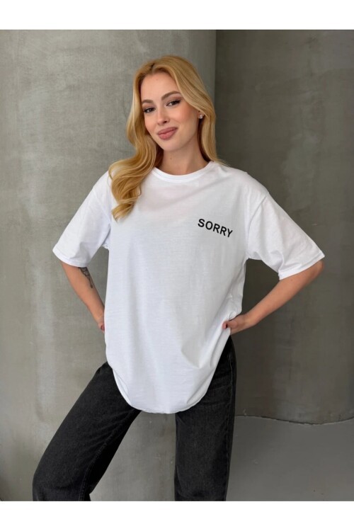 Sorry Yazılı Sırt Baskılı Oversize Kadın Tişört Beyaz