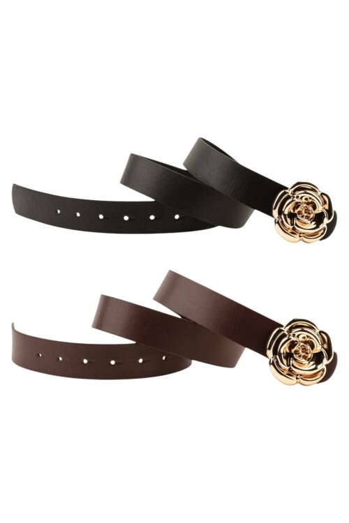 Tek Gül Tokalı İkili Set Siyah_Bordo Kadın Kemeri