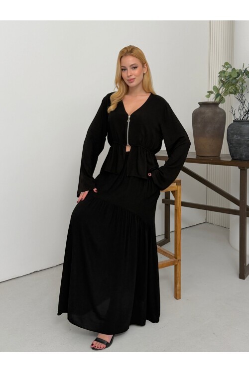 Viskon Kumaş Fermuar Detaylı Alt Üst Takım Siyah