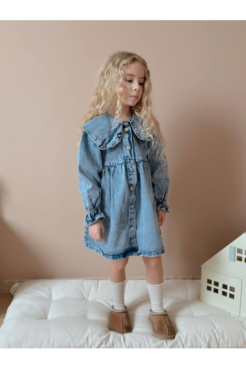 Yıkamalı Yaka Detay Kız Çocuk Elbise