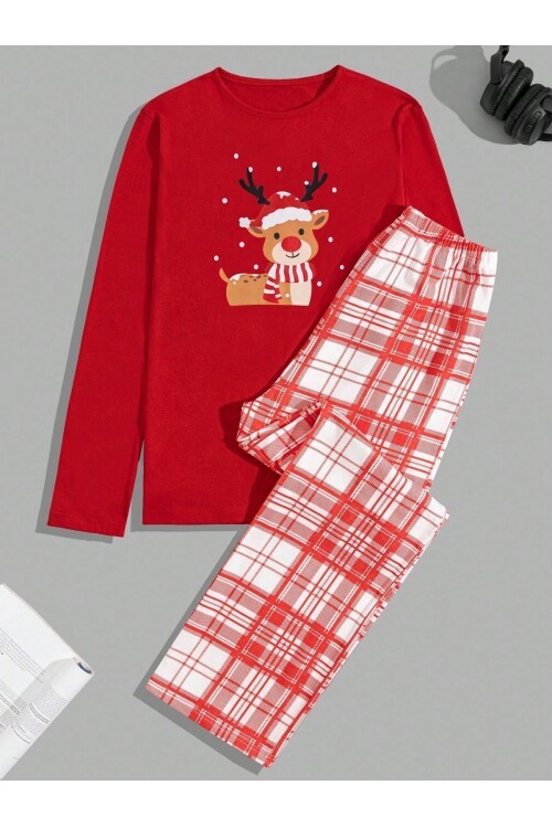 Yılbaşı Temalı Geyik Baskılı Ekose Alt Üst Uzun Kollu Pijama Takımı