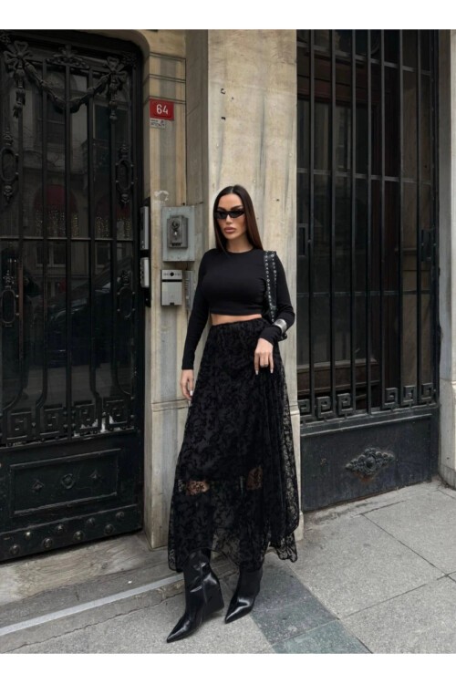 Yüksek Bel Dantel Detaylı Maxi Boy Etek