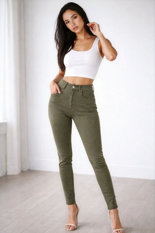 Yüksek Bel Dar Kalıp Haki Jean