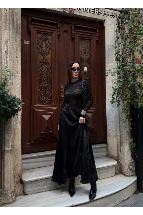 Yüksek Bel Desenli Saten Etek