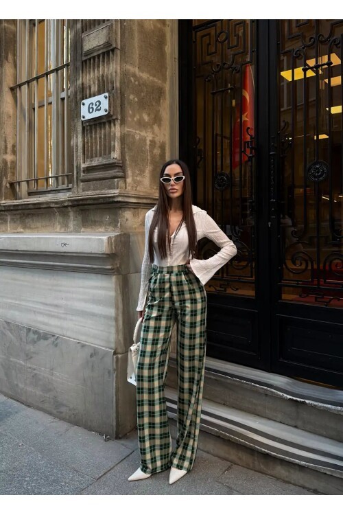 Yüksek Bel İspanyol Paça Ekose Pantolon