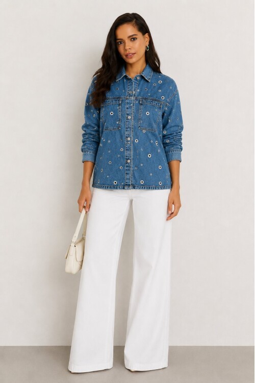 Kadın Mavi Kuş Gözü Detaylı Oversize Denim Jean Ceket