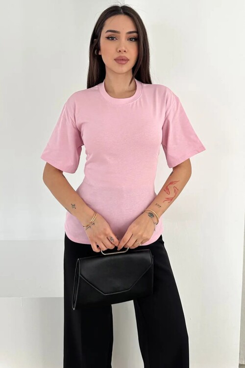 Bağlama Detaylı Kısa Kollu Tişört Pembe