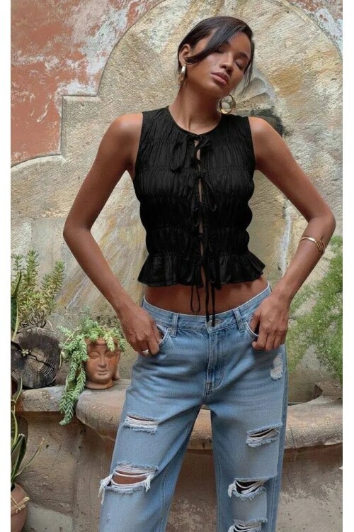 Beyaz Büzgülü Bağlamalı Crop Bluz Bohem Şık Gipe Detaylı