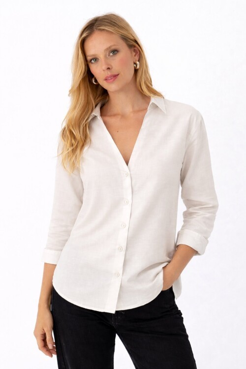 Beyaz V Yaka Düğmeli Kadın Gömlek – Rahat Kesim, Günlük & Şık Stil
