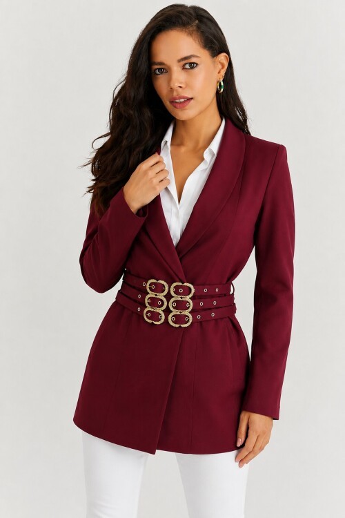 Bordo Kemer Detaylı Kadın Blazer Ceket